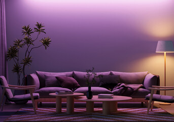 Modern living room with elegant furniture and purple ambient lighting: relaxing evening atmosphere.