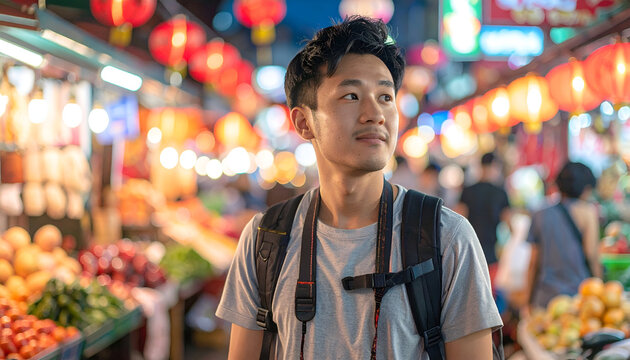 Asian Man Exploring a Night Market.