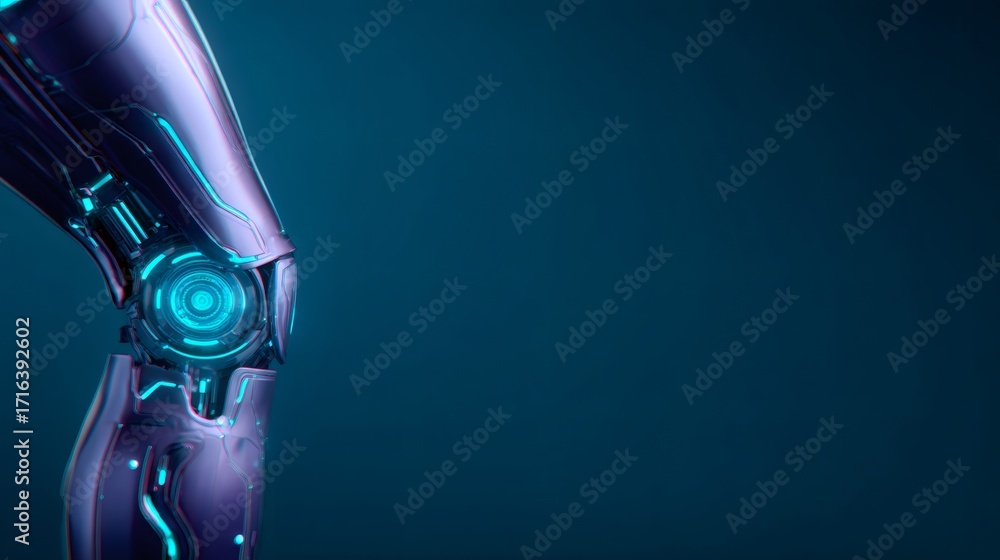 Poster robotic leg with glowing joint. future of biomechanics and prosthetics. artificial intelligence appl