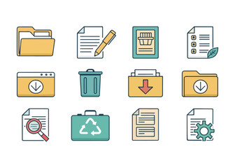 Flat Design Vector Icons for Data Management and Environmental Awareness Featuring Files and Recycling Symbols