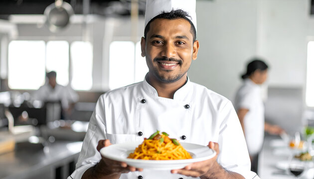 Smiling Chef Proudly Presents Delicious Pasta Dish.