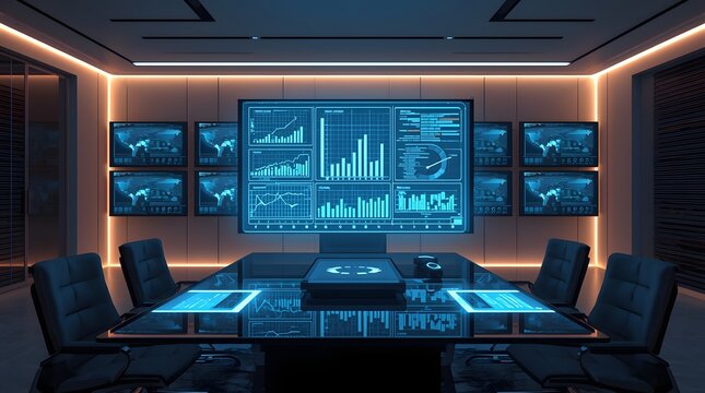 Futuristic control room with multiple glowing blue monitors displaying complex data visualizations and charts creating a high-tech command center.