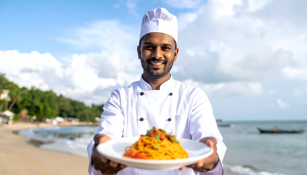 Smiling Chef Presenting Delicious Pasta Dish on Beach.