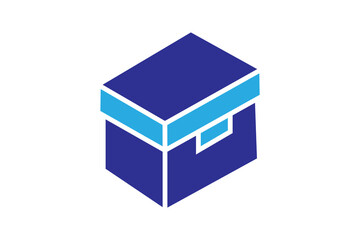This image shows a minimalist icon of a closed storage box or container. The box is illustrated in an isometric style with a dark blue body and a light blue lid accent.