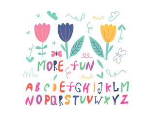 Colorful Hand-Drawn Alphabet with Floral Doodles. Playful Multicolor Font Design with Flowers, Butterflies, and Decorative Letters for Kids’ Projects, Posters, Crafts, Cute Branding