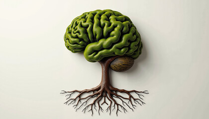 Tree shaped like a brain with roots, symbolizing knowledge and growth  