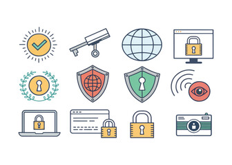 Internet Security and Data Protection Icons with Padlocks and Shields Illustration for Cyber Safety Awareness Campaign