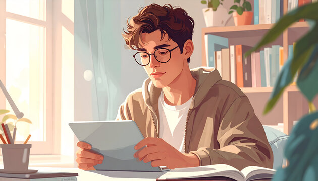 Young man with glasses studying on a tablet in a sunlit room with bookshelves.