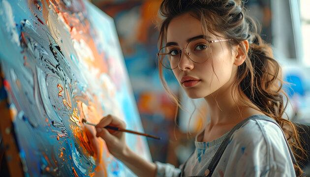 Young Woman Painting in Art Studio.