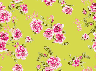 Romantic seamless pattern with painterly pink roses. Shabby chic floral illustration on a lime green background. Elegant botanical design for textile, wedding invitations, and home decor.