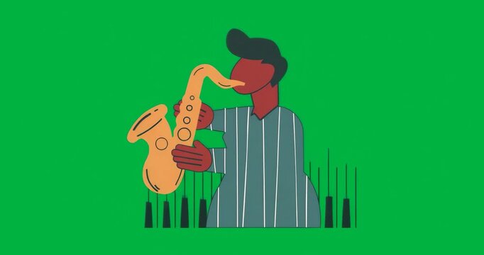 Male musician playing saxophone on transparent background, showing graphic equalizer bars for music