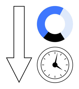Downward arrow, segmented pie chart, and analog clock suggest concepts of time management, data analysis, and decline. Ideal for productivity, efficiency, business, strategy evaluation finance