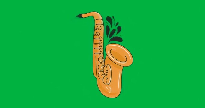 Orange saxophone floating over clear background showing music vibe with black drops, blue halo