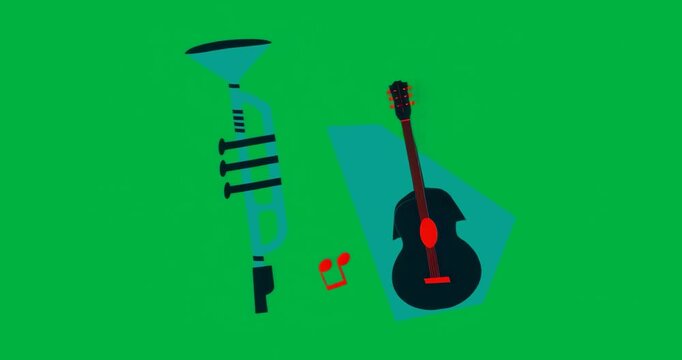graphic designer creating transparent music education visuals featuring trumpet guitar note icons