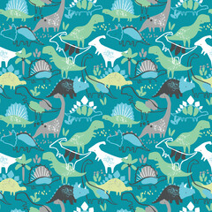 Cute dinosaur seamless pattern for kids. Prehistoric animal vector background with T-rex, Stegosaurus, and palm trees. Fun Jurassic design for boys' fabric, nursery decor, and wallpaper.