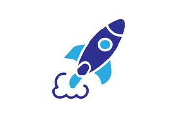 The image is a stylized, minimalist illustration of a rocket ship launching. The design is simple, with a limited color palette of dark blue, light blue, and white.