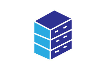 The image is a stylized, minimalist illustration of a three-drawer cabinet or dresser. The design is simple, using clean lines and a limited color palette of two shades of blue and white.