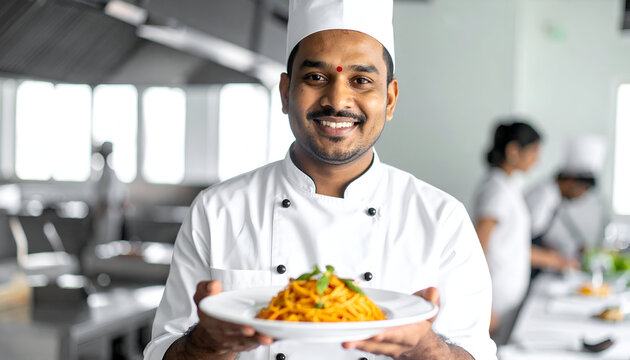 Smiling Indian Chef Presenting Delicious Pasta Dish.