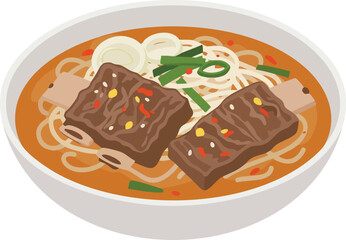 An illustration of a bowl of spicy Korean noodle soup topped with beef short ribs, scallions, and onions.