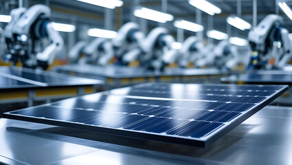Automated solar panel manufacturing line with robotic arms assembling photovoltaic modules in a modern factory
