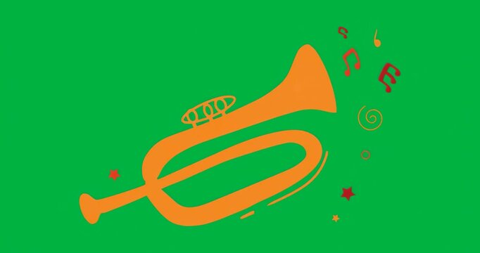 Showing stylized orange trumpet on transparent backdrop for education with floating notes and stars
