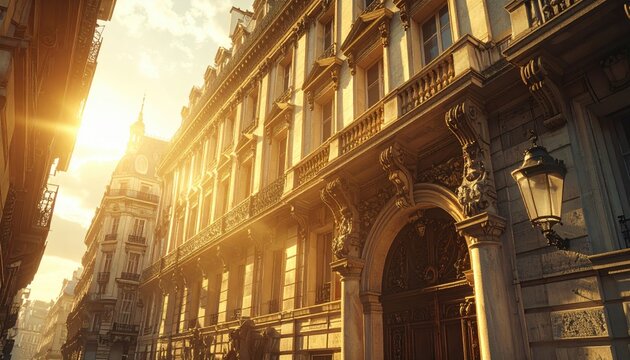 Golden Building Facade Bathed in Sunlight at Sunset or Sunrise - Powered by Adobe