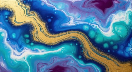Abstract fluid art, a flowing river of metallic gold and glitter flecks cutting through deep space blue, vibrant teal, and rich purple, cosmic nebula aesthetic, liquid marble texture, hyperrealistic,
