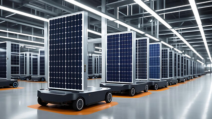 Automated guided vehicles transport solar panels through a modern clean energy manufacturing facility