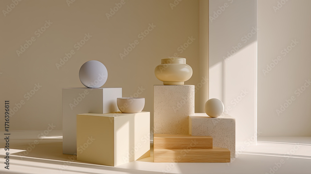 Aufkleber minimalist display of various geometric shapes and ceramic objects in soft neutral tones, creating s