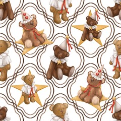 Obraz premium Teddy Bear and Star Seamless Pattern, Cute Vintage Bear Digital Paper, Circus Clown Scrapbook 