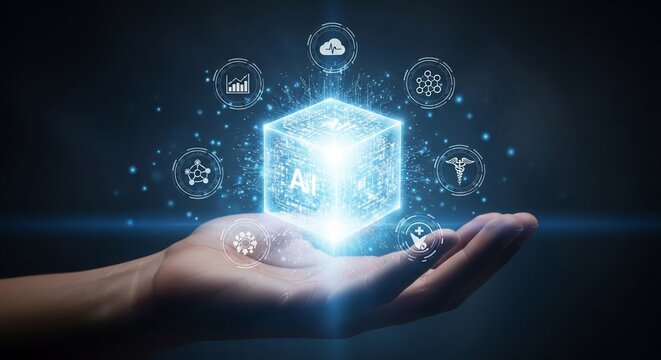 Embrace artificial intelligence solutions for your business with this powerful AI cube in the palm of a hand - Powered by Adobe
