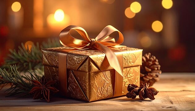 Golden Christmas Gift with Ribbon on Wooden Table Surrounded by Festive Decorations