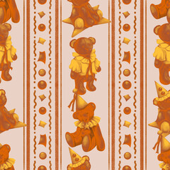 Teddy Bear and Star Seamless Pattern, Cute Vintage Bear Digital Paper, Circus Clown Scrapbook
