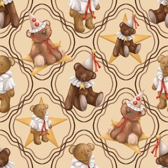 Teddy Bear and Star Seamless Pattern, Cute Vintage Bear Digital Paper, Circus Clown Scrapbook

