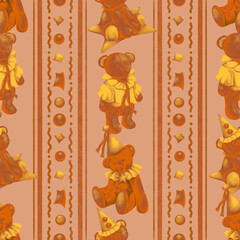 Teddy Bear and Star Seamless Pattern, Cute Vintage Bear Digital Paper, Circus Clown Scrapbook
