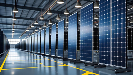 Rows of modern solar panels are displayed vertically in a clean industrial warehouse setting