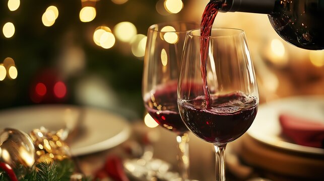 Red wine elegantly pouring into crystal glasses in a sophisticated dining setting with soft overhead lighting.