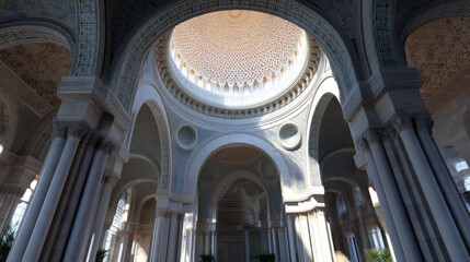 Obraz premium Majestic mosque interior featuring intricate dome design, elegant arches, and detailed patterns. serene atmosphere invites contemplation and admiration of architectural beauty
