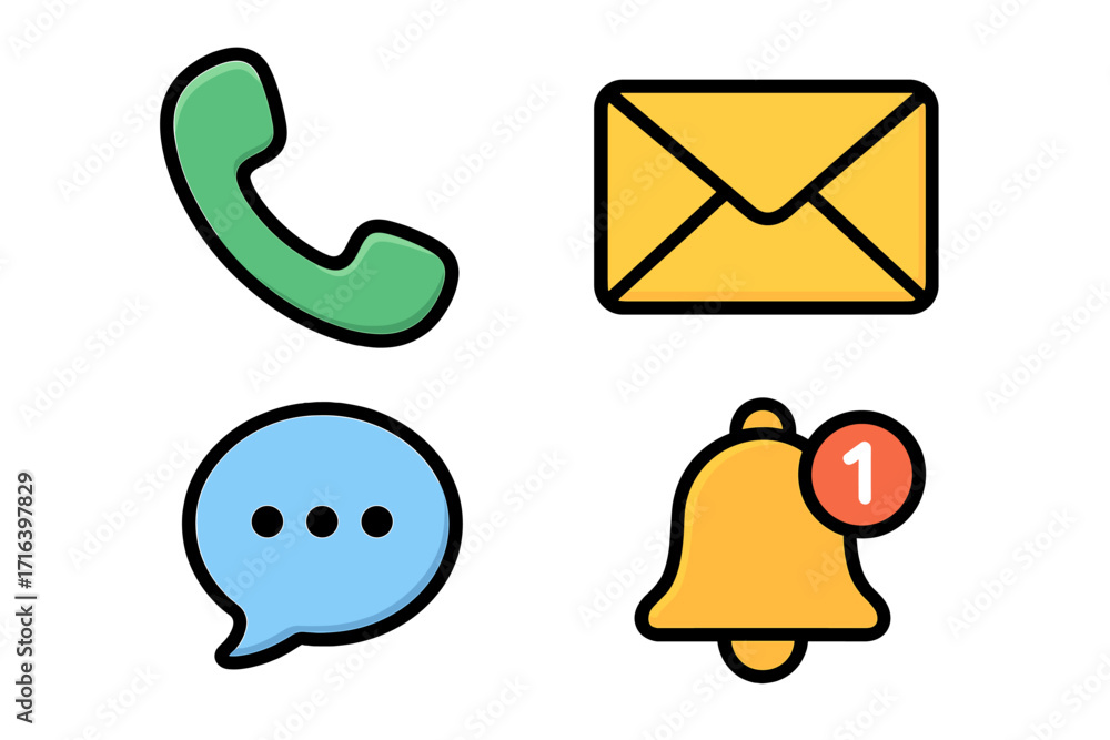 Poster vector communication icon set. cartoon phone, mail envelope, message chat bubble, and notification b