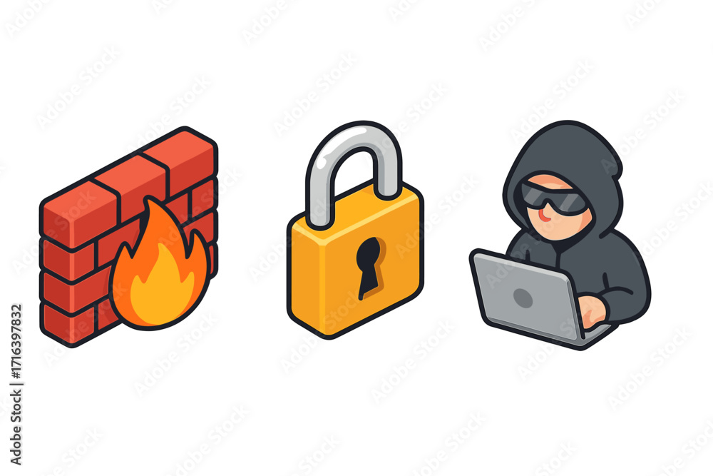 Poster cybersecurity isometric icons set with firewall, padlock, and hacker. vector illustration for data p
