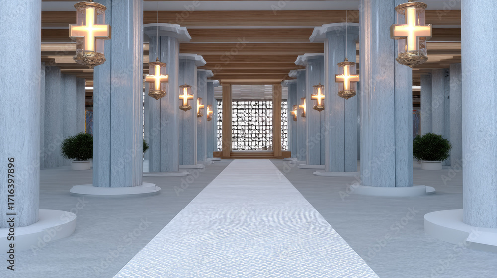 Poster serene temple hall featuring elegant marble columns and soft lighting, creating peaceful atmosphere.