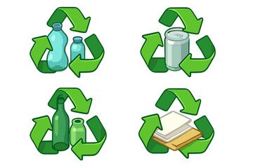 Isometric recycling symbols for waste sorting. Eco-friendly icon set with plastic bottle, glass, paper, and metal can. Zero waste and environment care vector illustration.