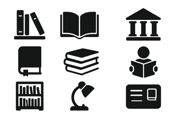 Vector library icon set. Black silhouette symbols for reading, education, and knowledge. Includes books, bookshelf, university building, reader, and library card design elements.