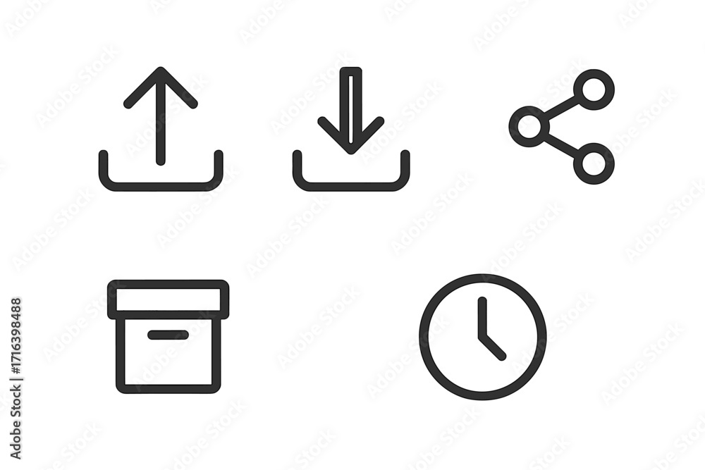 Poster minimalist line icons set for web and mobile ui. vector symbols for upload, download, share, archive