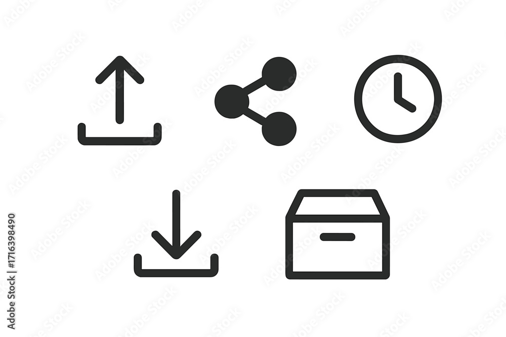 Poster minimalist icons set for web and mobile apps. includes upload, download, share, archive, and clock s
