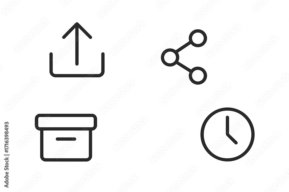 Poster web icon collection with upload, share, archive, time symbols. minimalist line art for ui design. ve