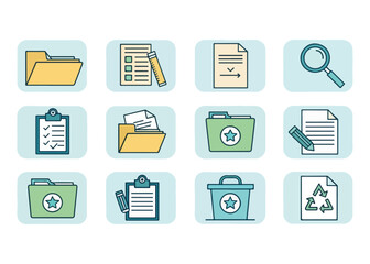 Set of Office and Business Icons with Folders Documents and Stationery in Modern Flat Design Style