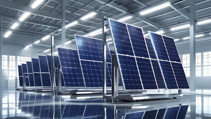 Modern solar panels arranged in a clean bright industrial facility with reflective flooring