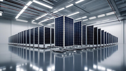 Rows of modern solar panels arranged in a clean bright industrial warehouse setting with reflective floor