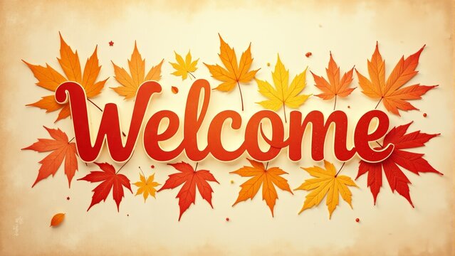 Autumn leaves frame a glowing welcome sign adorned with vibrant colors and warm light